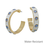 White and light blue 2 inch hoop earrings, water resistant and lightweight.