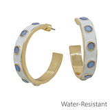 White and light blue 2 inch hoop earrings, water resistant and lightweight.