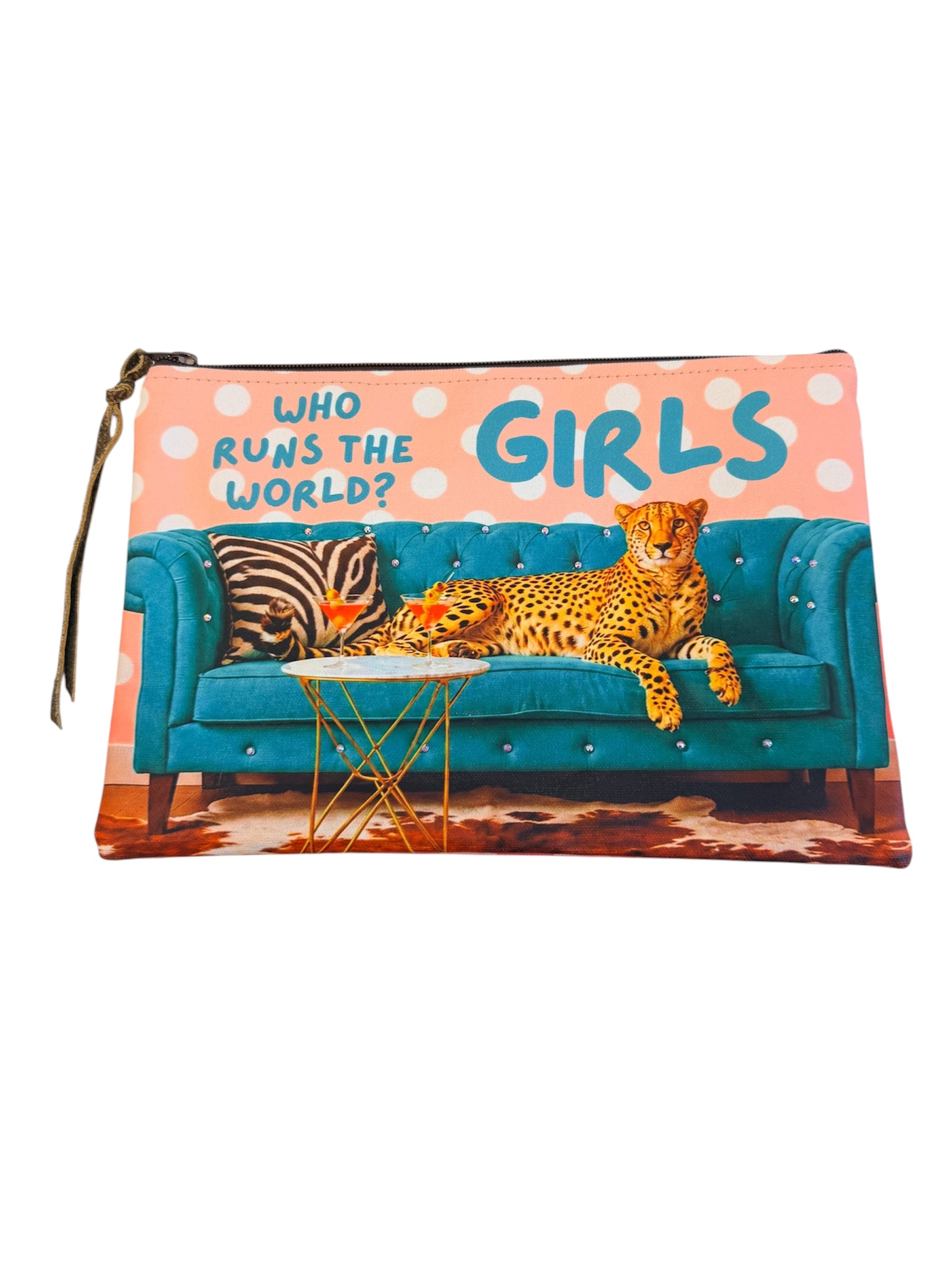 Rhinestone cheetah leather pouch with teal sofa graphic and pink striped reverse side.