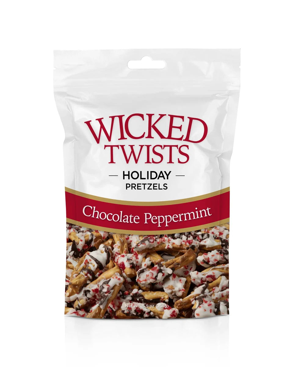 Wicked Twists Holiday Edition chocolate-covered pretzel braids topped with festive peppermint candy.