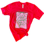 Red holiday tee with glittery “Wonderful Time of the Year” graphic, gift box, and green ribbon.