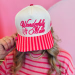 Cream canvas “Wonderfully Made” cap with pink striped bill, raised pink embroidery, and Psalm 139:14 detail.
