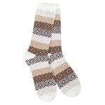 Chocolate multi ombre cozy crew socks with diamond pattern in cream tan and burgundy tones