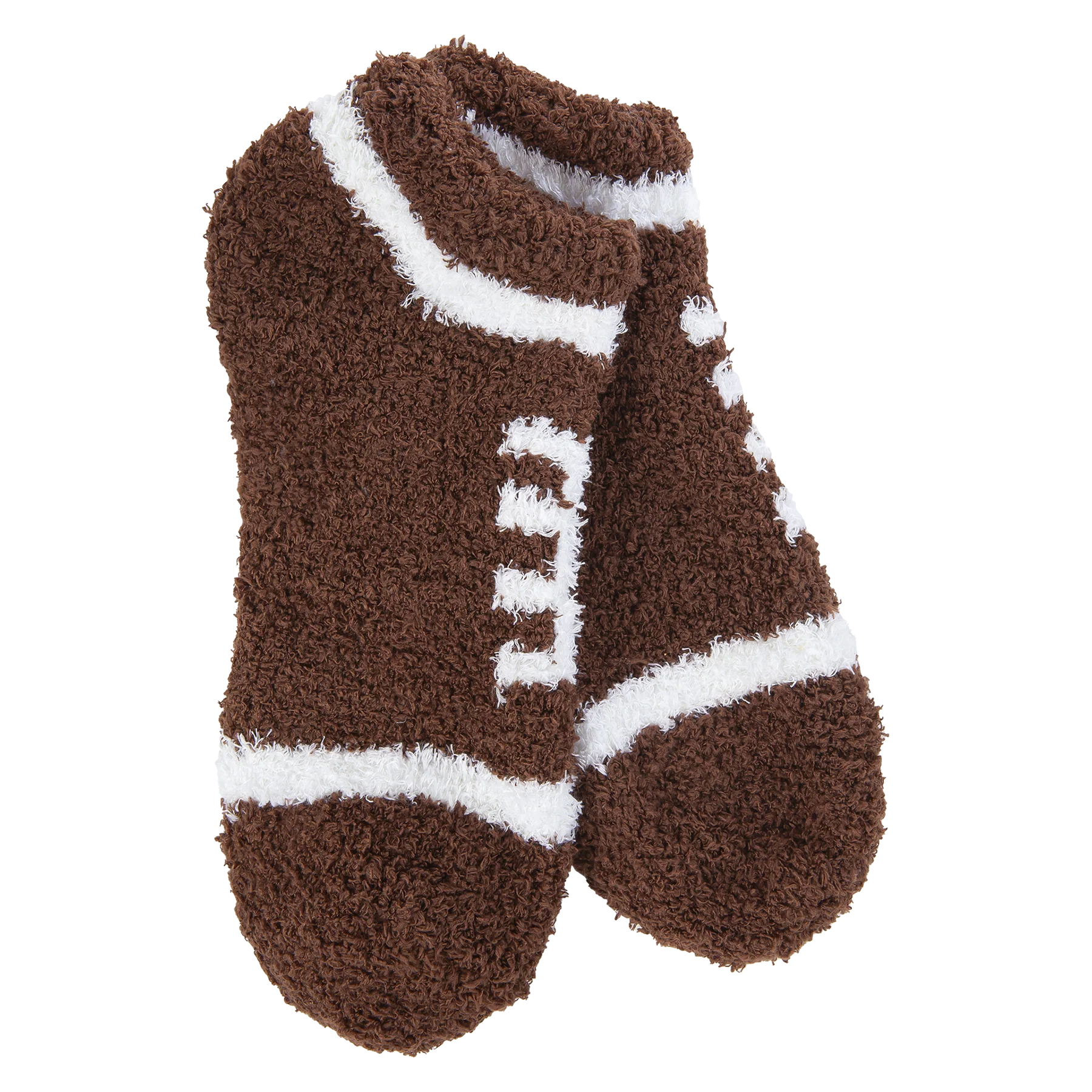 World's Softest brown football socks with white stitching
