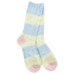Blue and yellow striped cozy socks with pink heel and toe accents