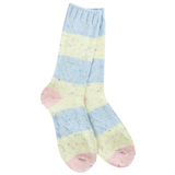 Blue and yellow striped cozy socks with pink heel and toe accents