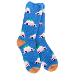 Blue holiday socks with pink Bug-style cars carrying Christmas trees.