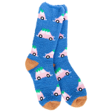 Blue holiday socks with pink Bug-style cars carrying Christmas trees.