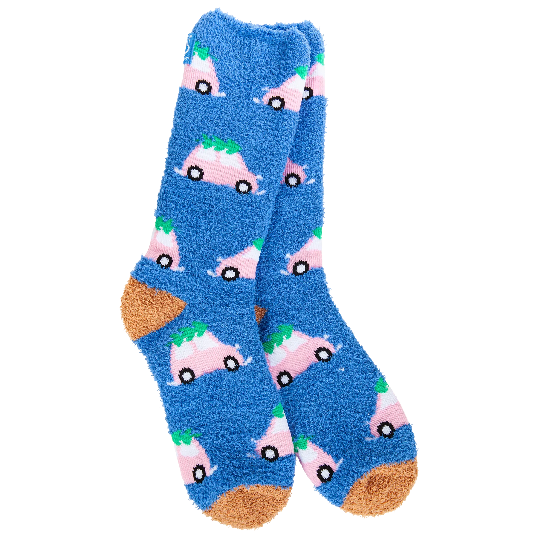 Blue holiday socks with pink Bug-style cars carrying Christmas trees.