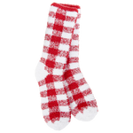 World's Softest Crimson and White socks with bold red and white checkered pattern.