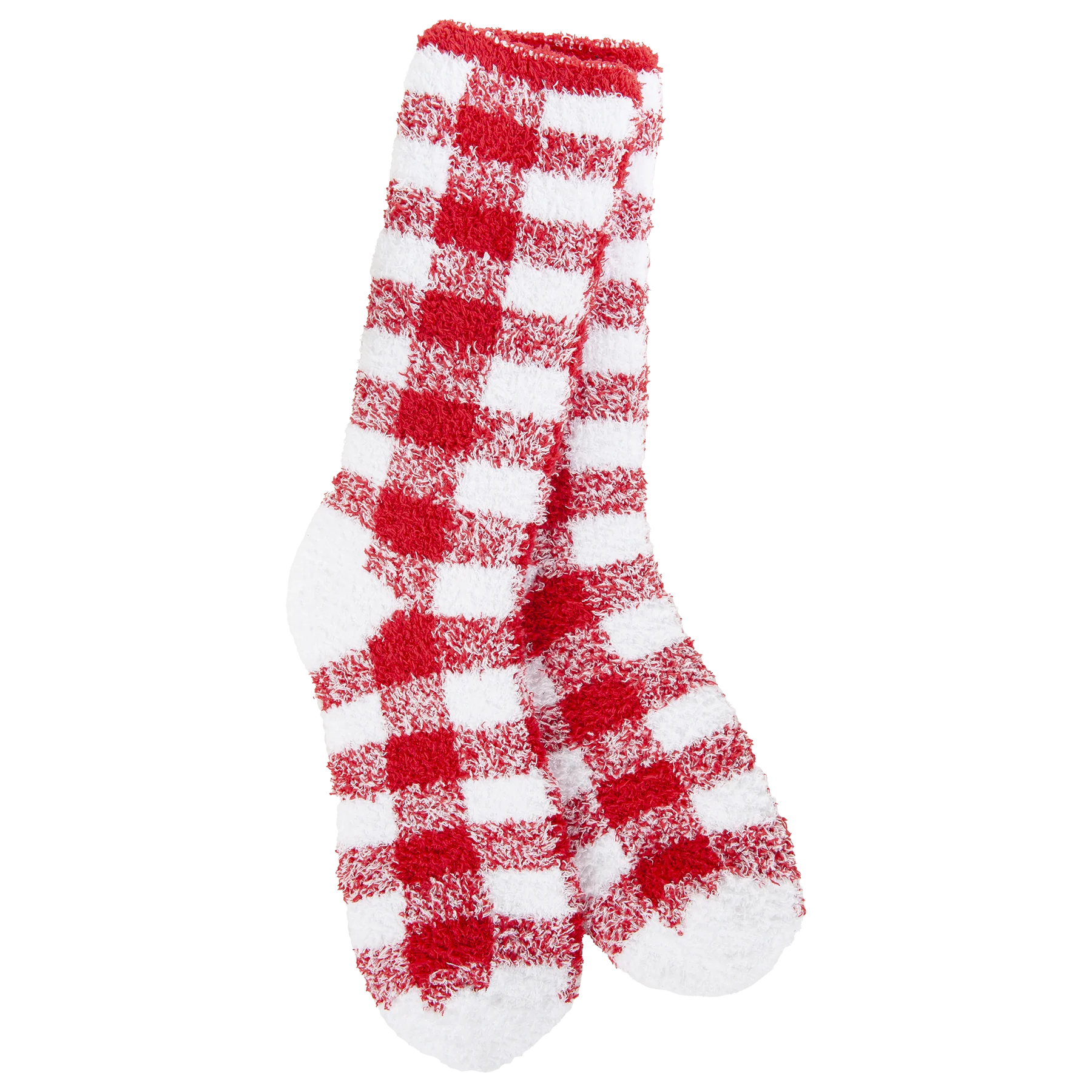 World's Softest Crimson and White socks with bold red and white checkered pattern.
