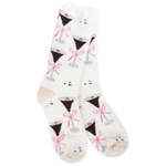 World's Softest Espresso Martini socks with cocktail glasses, pink bows, and tiny coffee bean accents.