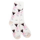 World's Softest Espresso Martini socks with cocktail glasses, pink bows, and tiny coffee bean accents.
