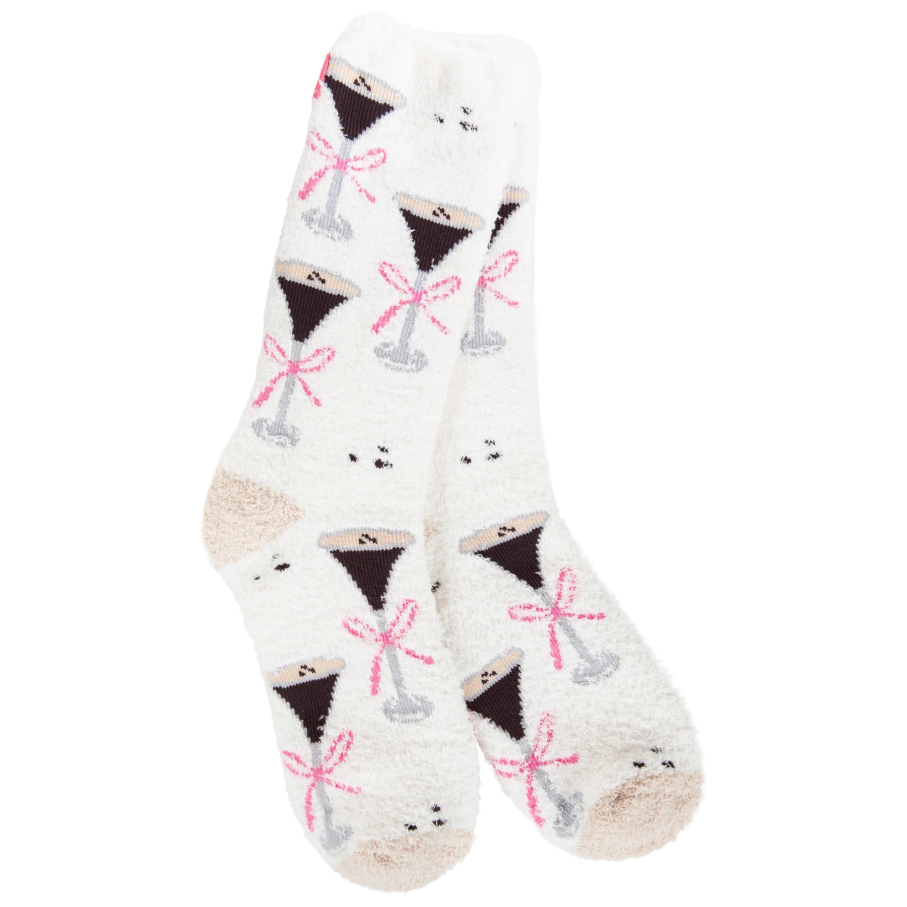 World's Softest Espresso Martini socks with cocktail glasses, pink bows, and tiny coffee bean accents.