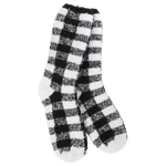 Black and white plaid cozy crew socks with ultra soft fabric designed for warm comfortable wear