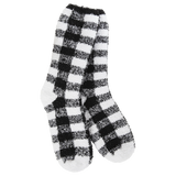 Black and white plaid cozy crew socks with ultra soft fabric designed for warm comfortable wear
