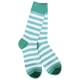 Teal and white striped crew socks with contrasting green heels and toes.