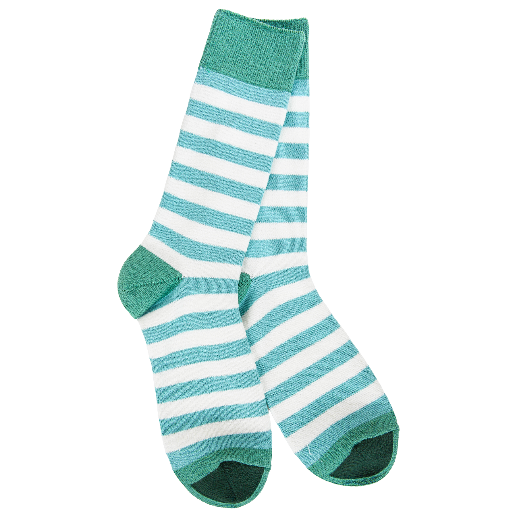 Teal and white striped crew socks with contrasting green heels and toes.