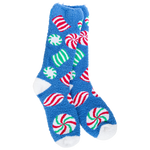 World's Softest Hard Candy socks with blue background and red, white, and green peppermint candies.