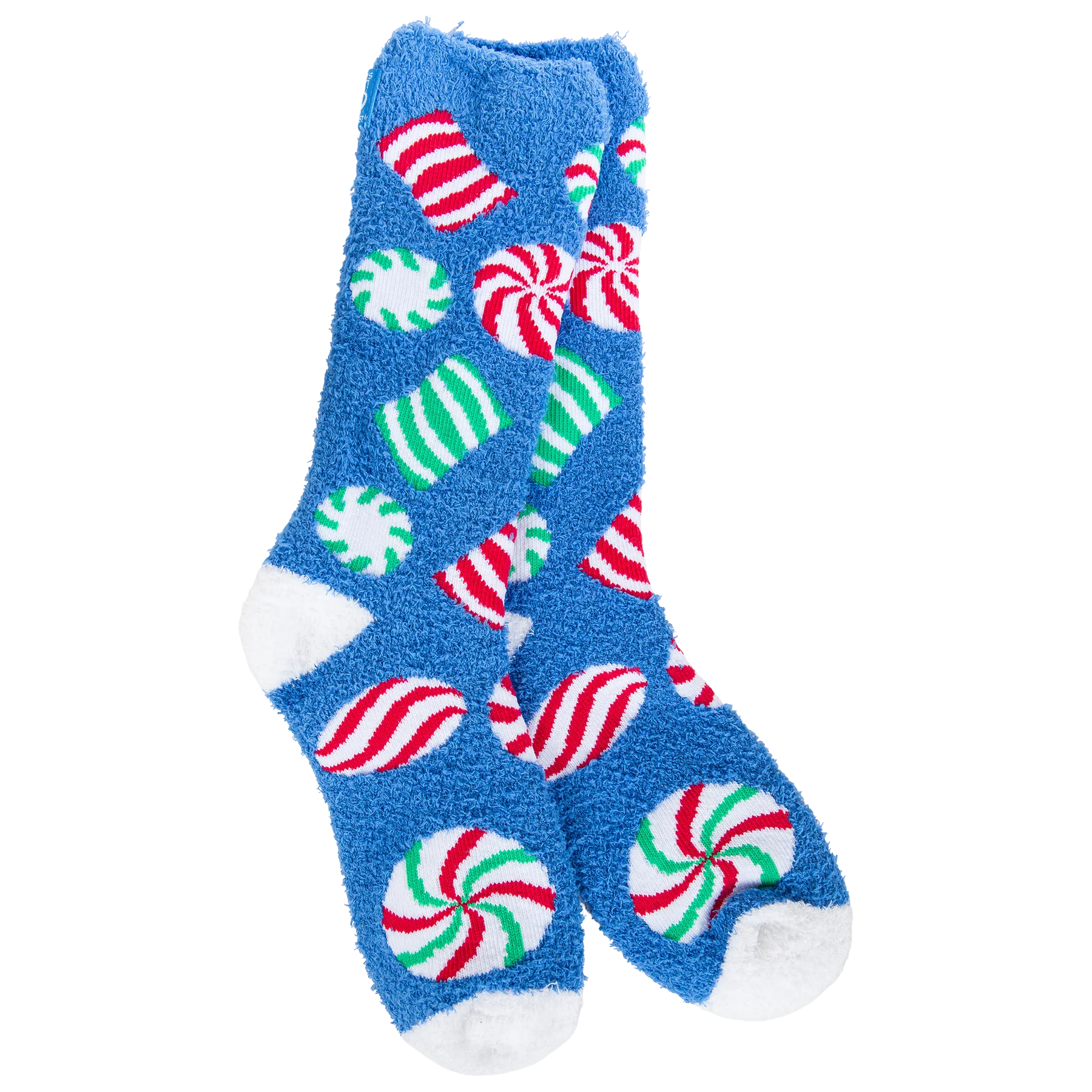 World's Softest Hard Candy socks with blue background and red, white, and green peppermint candies.