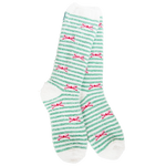 World's Softest Holiday Bow socks with green and white stripes, pink bows, and white accents.