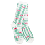 World's Softest Holiday Bow socks with green and white stripes, pink bows, and white accents.