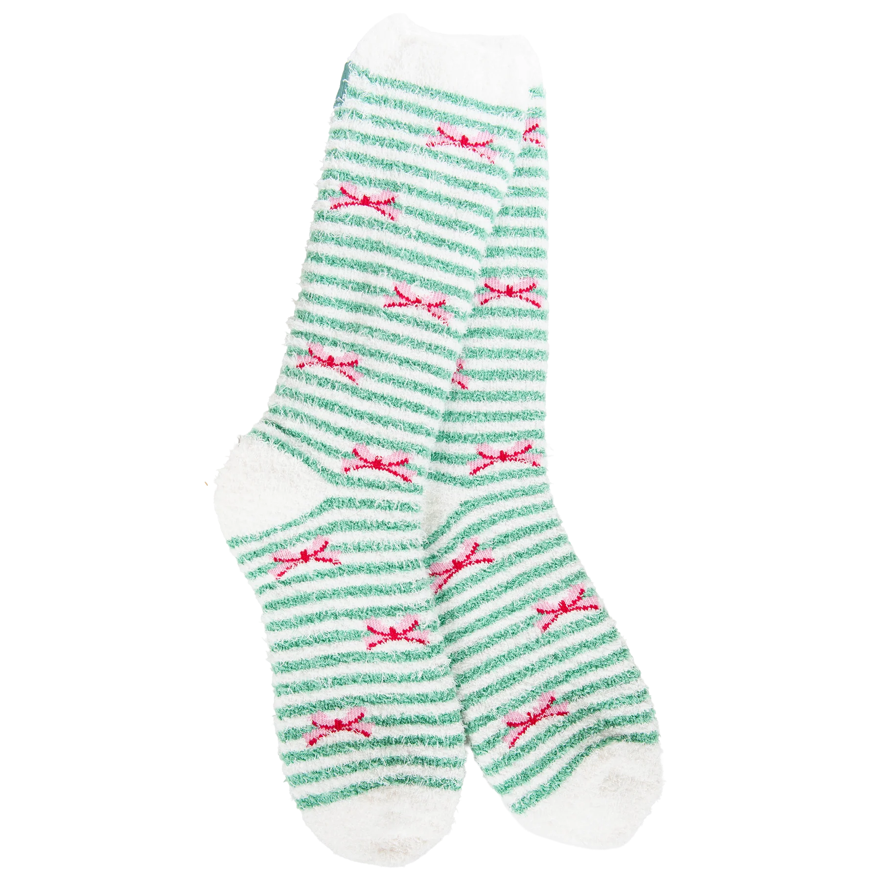 World's Softest Holiday Bow socks with green and white stripes, pink bows, and white accents.
