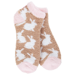 Brown Easter Bunny short crew socks with white bunnies and pink toes and heels