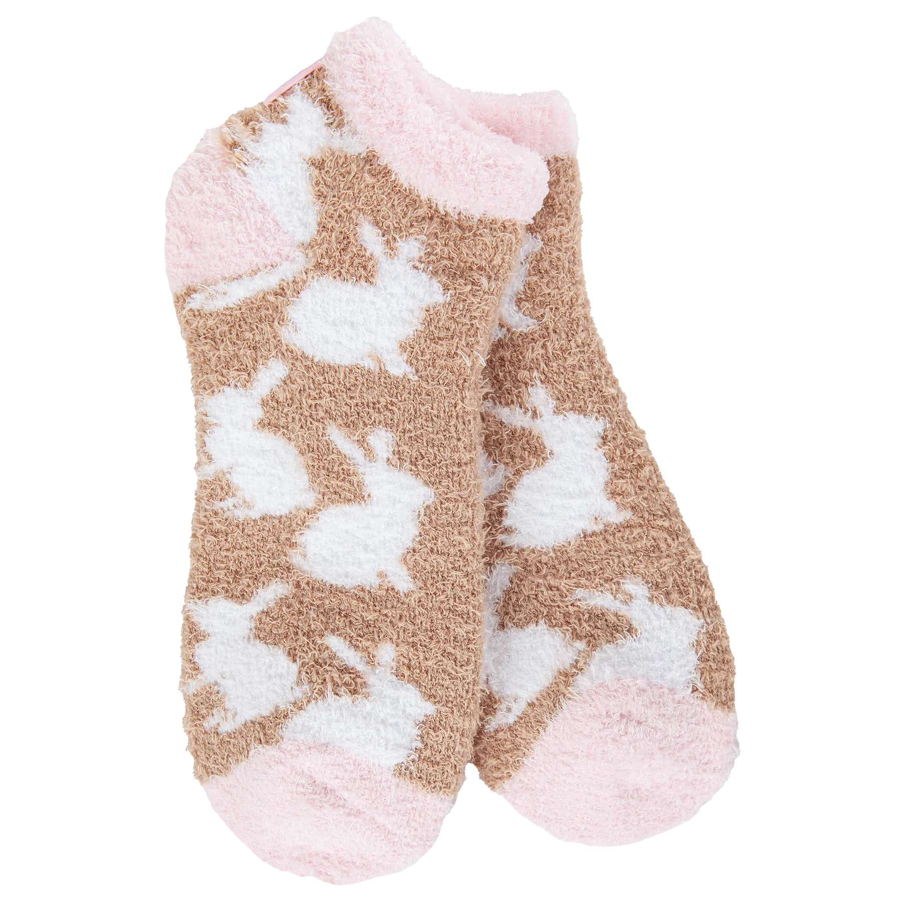 Brown Easter Bunny short crew socks with white bunnies and pink toes and heels