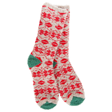 World's Softest Holiday Fair Isle socks with cream background, red pattern, and green heels and toes.