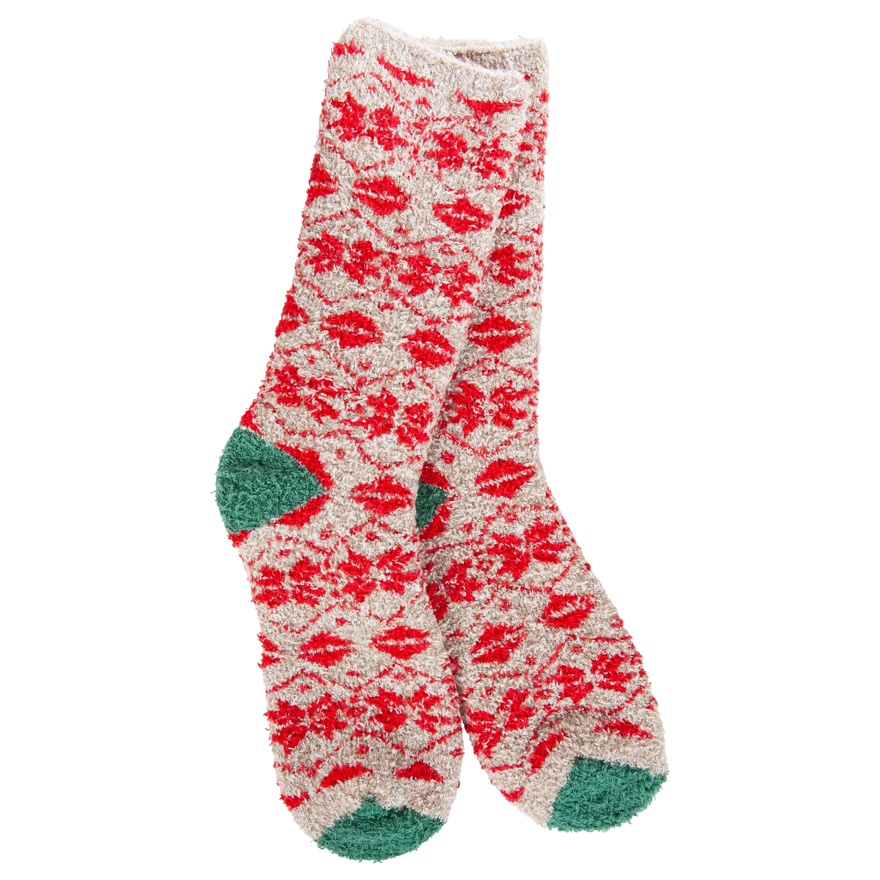 World's Softest Holiday Fair Isle socks with cream background, red pattern, and green heels and toes.