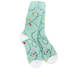World's Softest Holiday Lights socks with colorful Christmas lights on mint green