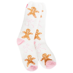 White holiday socks with gingerbread cookies, pink bows, and pink heels and toes.