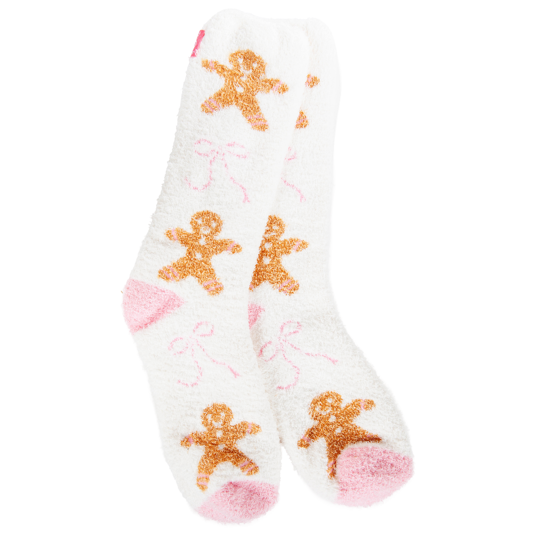 White holiday socks with gingerbread cookies, pink bows, and pink heels and toes.