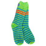 World's Softest Jolly Multi socks with green and royal blue stripes and bold red accents.