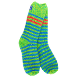 World's Softest Jolly Multi socks with green and royal blue stripes and bold red accents.
