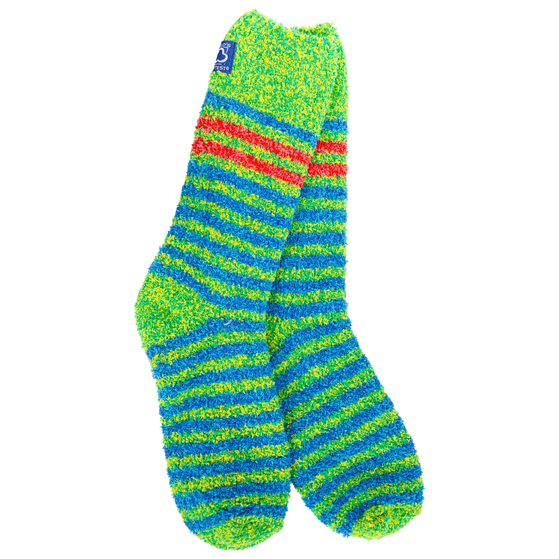 World's Softest Jolly Multi socks with green and royal blue stripes and bold red accents.
