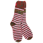 World's Softest Merry Multi crew socks with pink and green stripes and colorful contrasting band.