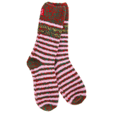 World's Softest Merry Multi crew socks with pink and green stripes and colorful contrasting band.