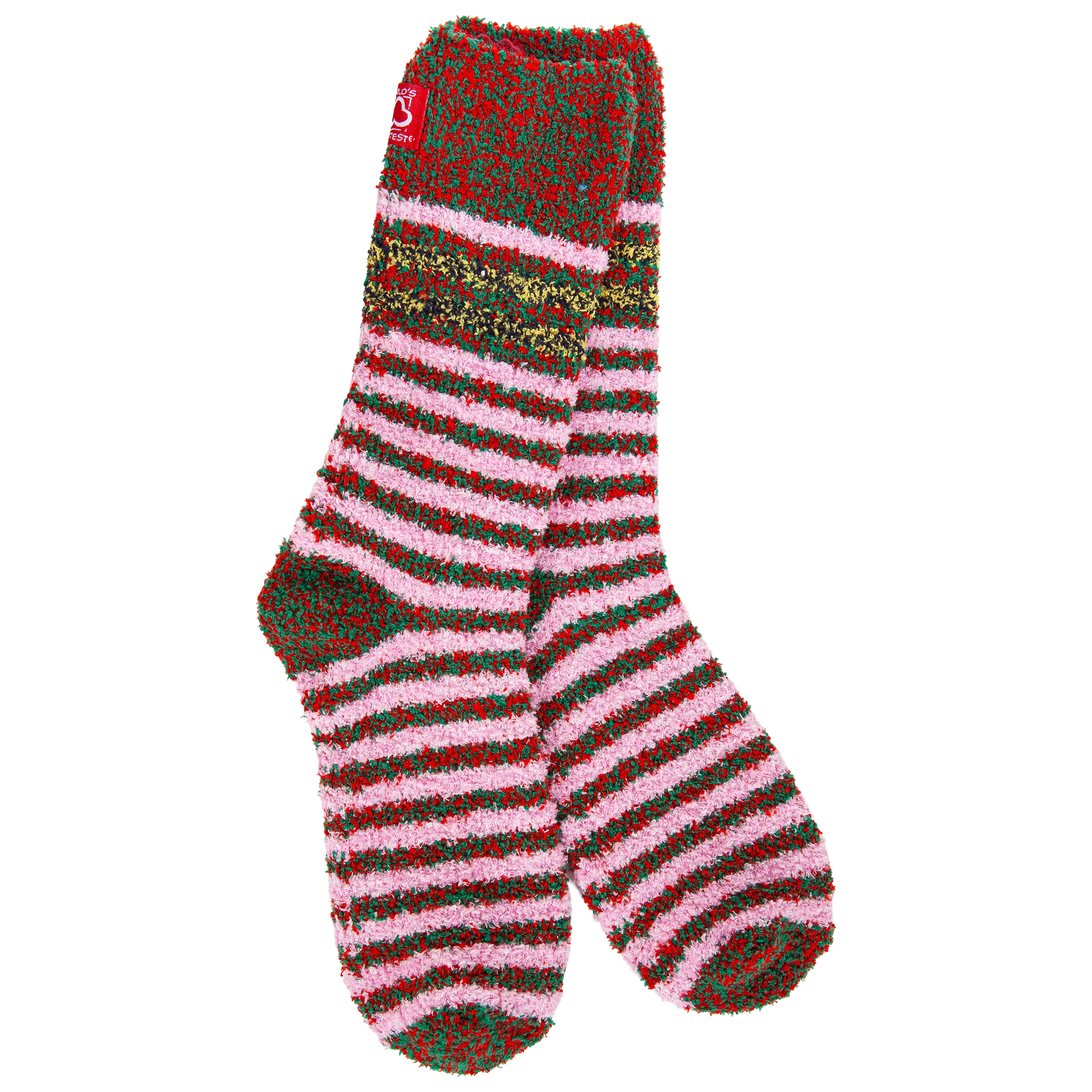 World's Softest Merry Multi crew socks with pink and green stripes and colorful contrasting band.