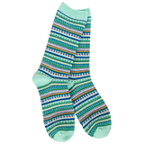 Mint cozy crew socks with colorful stripes in navy yellow orange and pink boho style