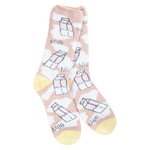 Beige cozy crew socks with milk carton print, yellow heel and toe, and Moo lettering design