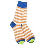 World's Softest Mountain Bluebird socks with tan stripes, royal blue accents, and lime green toe.