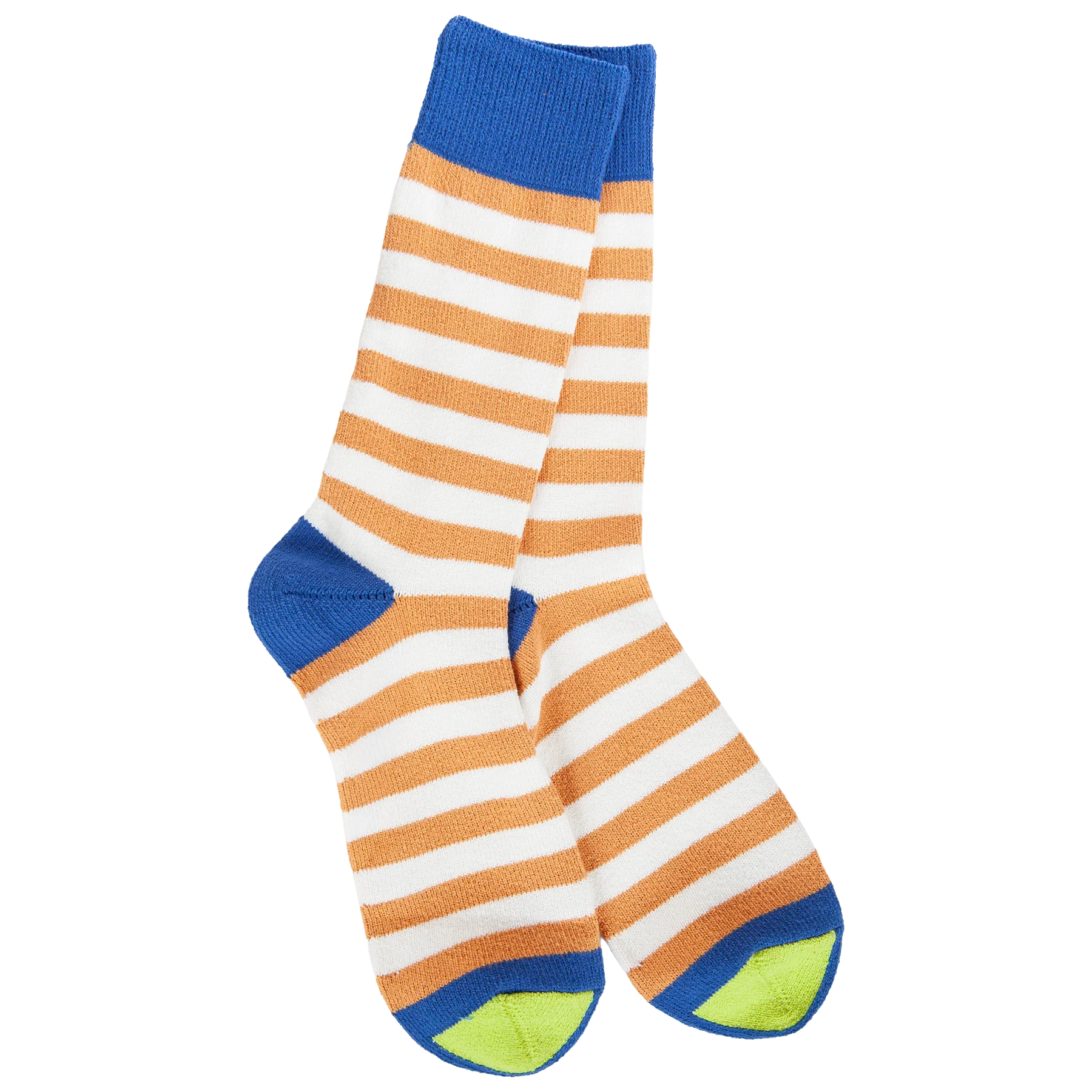 World's Softest Mountain Bluebird socks with tan stripes, royal blue accents, and lime green toe.