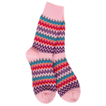 Pink cozy crew socks with multicolor zigzag pattern in purple blue green and red tones