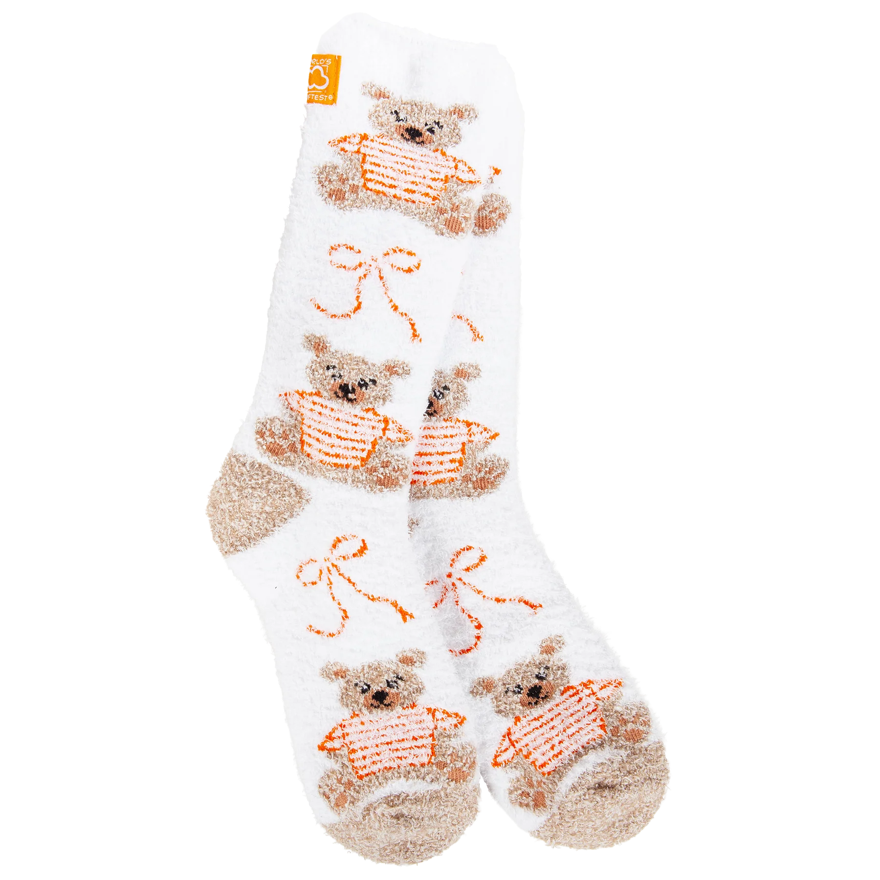 World's Softest Pumpkin Bear socks with fuzzy koalas, orange striped shirts, and orange bows.