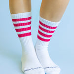 Red striped athletic-style crew socks with soft cotton blend and comfortable stretch fit