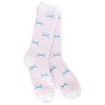 World's Softest Ribbon Stripe socks with soft pink background, pink and white stripes, and blue accents.