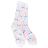 World's Softest Ribbon Stripe socks with soft pink background, pink and white stripes, and blue accents.