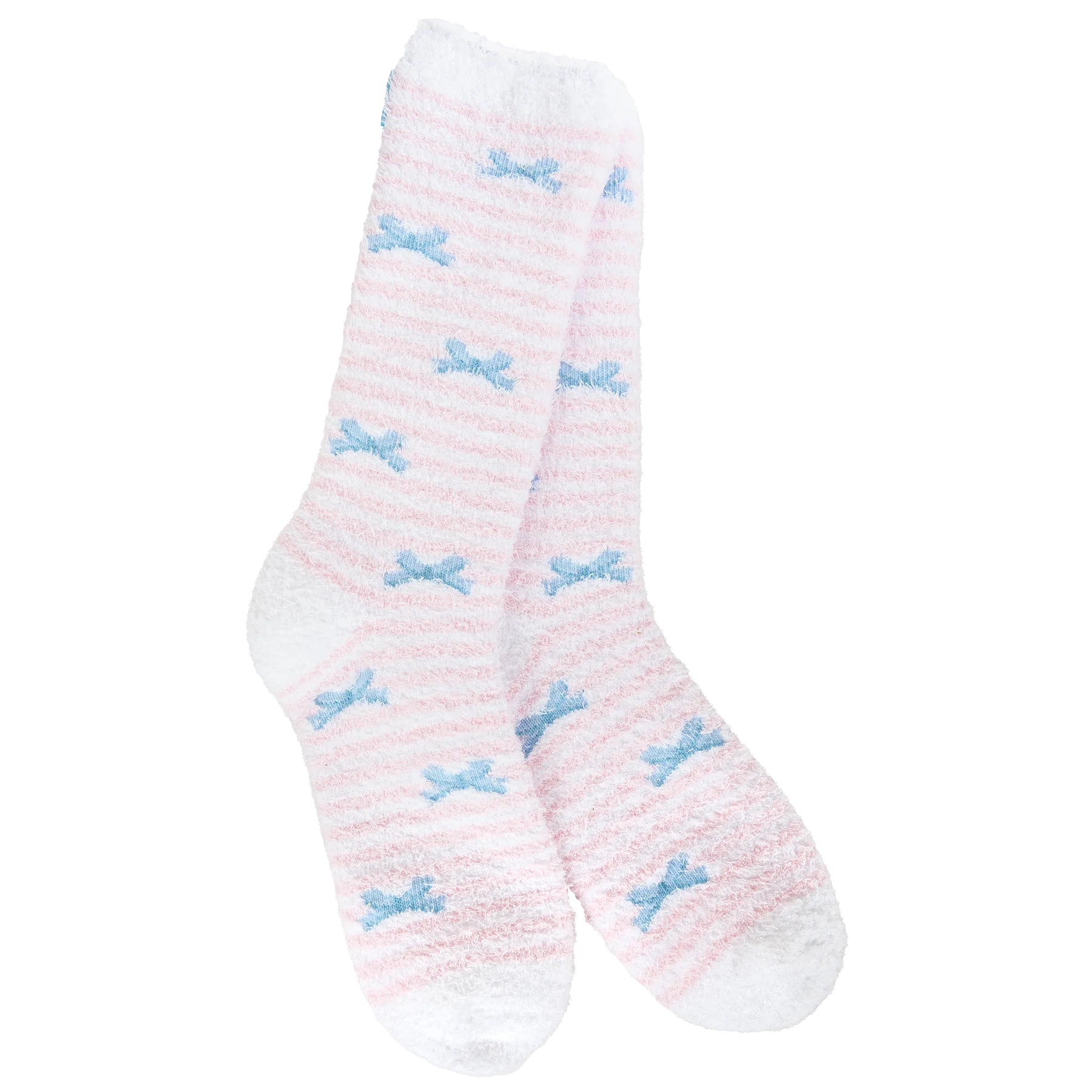 World's Softest Ribbon Stripe socks with soft pink background, pink and white stripes, and blue accents.